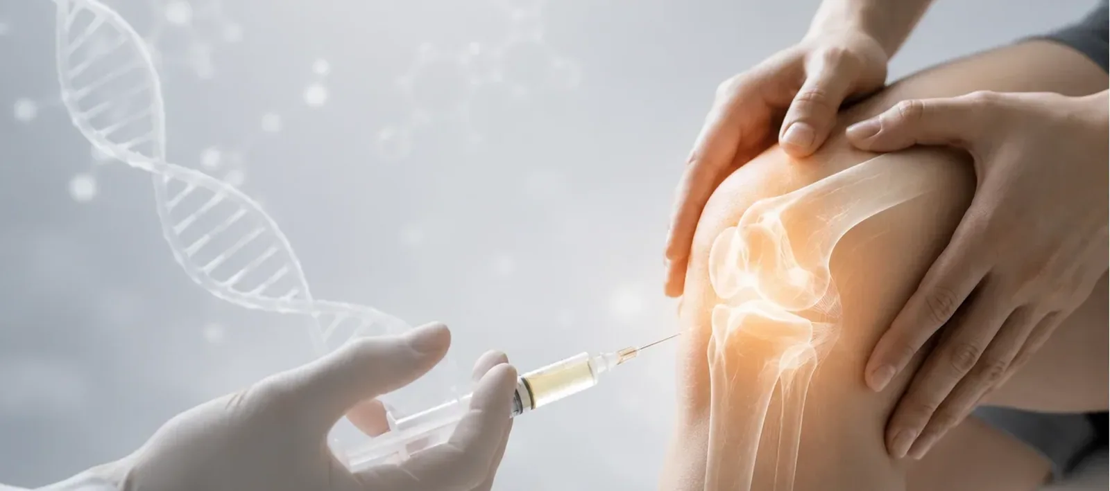 무릎 관절에 재생 주사를 놓는 모습과 DNA 그래픽