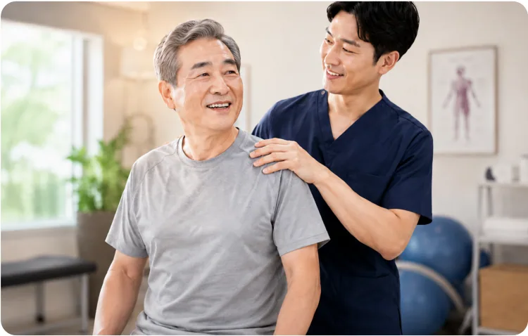치료사가 앉은 중년 남성의 어깨에 손을 얹고 함께 웃는 모습