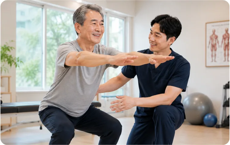 남성이 스쿼트 자세로 팔을 앞으로 뻗고 치료사가 옆에서 지켜보는 모습